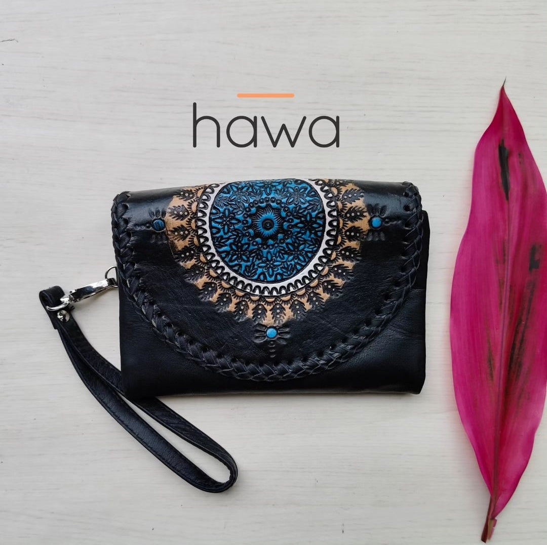 hand tooled bohemian leather clip wallet in vintage black handmade in Indonesia