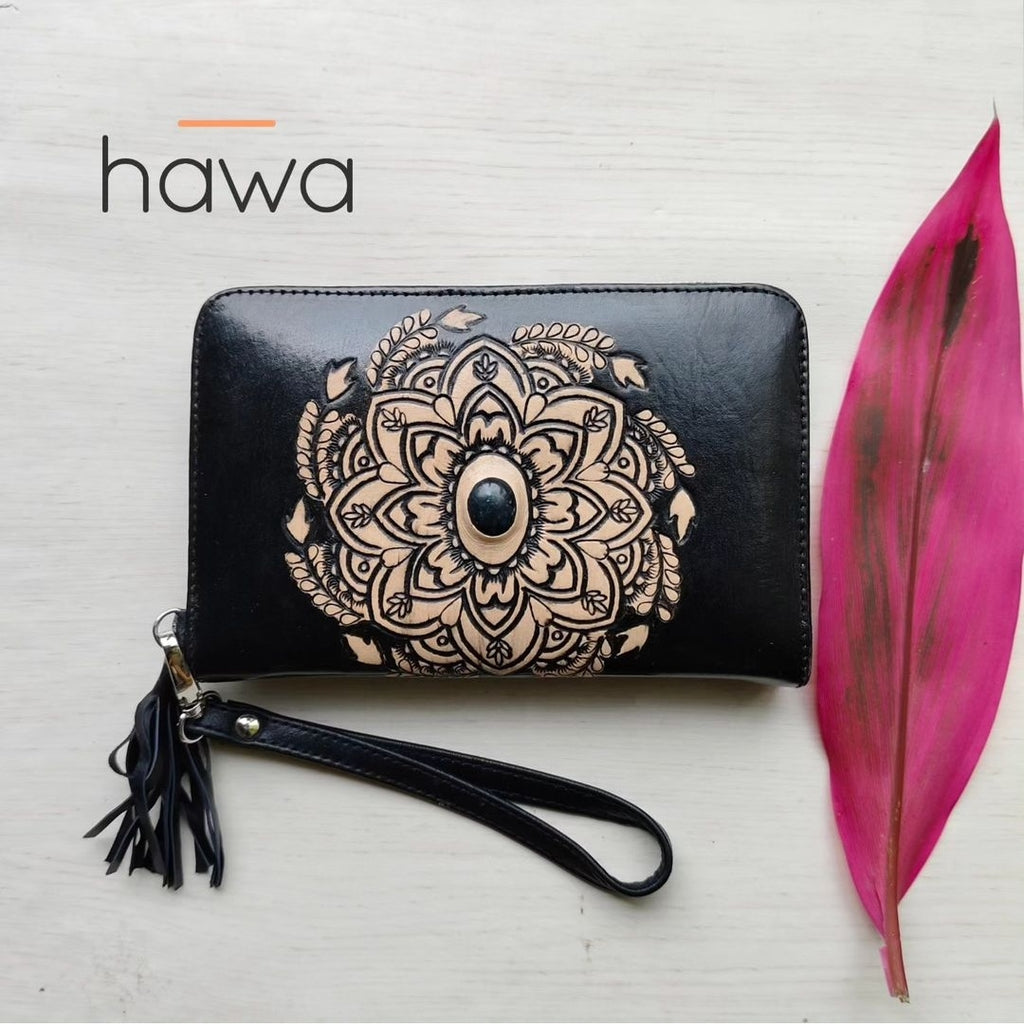 Harmony Bohemian Stone Zip Round Wallet - Vintage Black